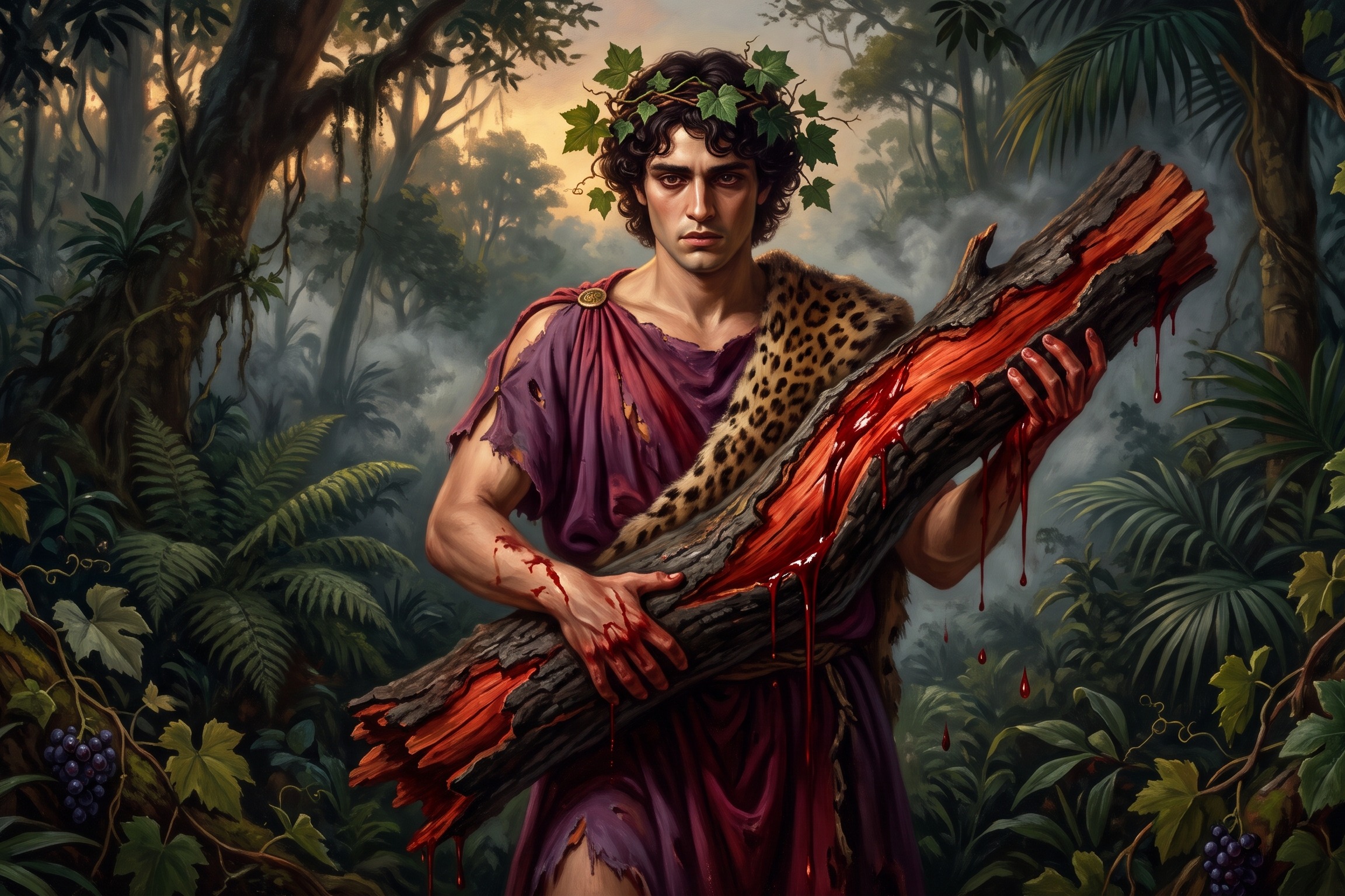 Dioniso segura um pedaço de tronco de pau-brasil (Gemini)