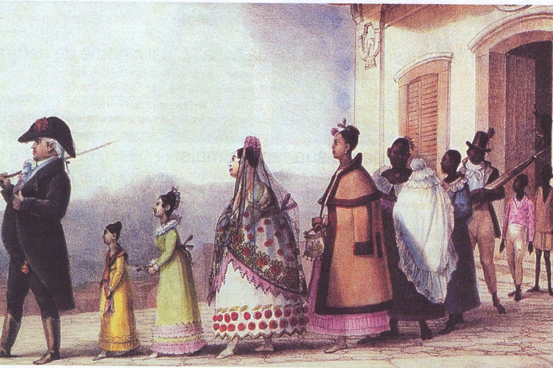 Um funcionário brasileiro a passeio com sua família - Jean Baptiste Debret (1839). A imagem retrata uma família de classe média brasileira saindo de casa para um passeio. Mas o que parece ser uma simples cena cotidiana é, na verdade, um retrato preciso da hierarquia social e racial do Brasil imperial.